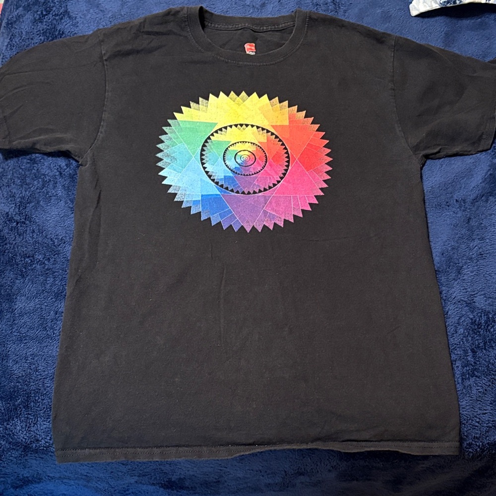 Black Graphic Tee with Colorful Spiral Design
